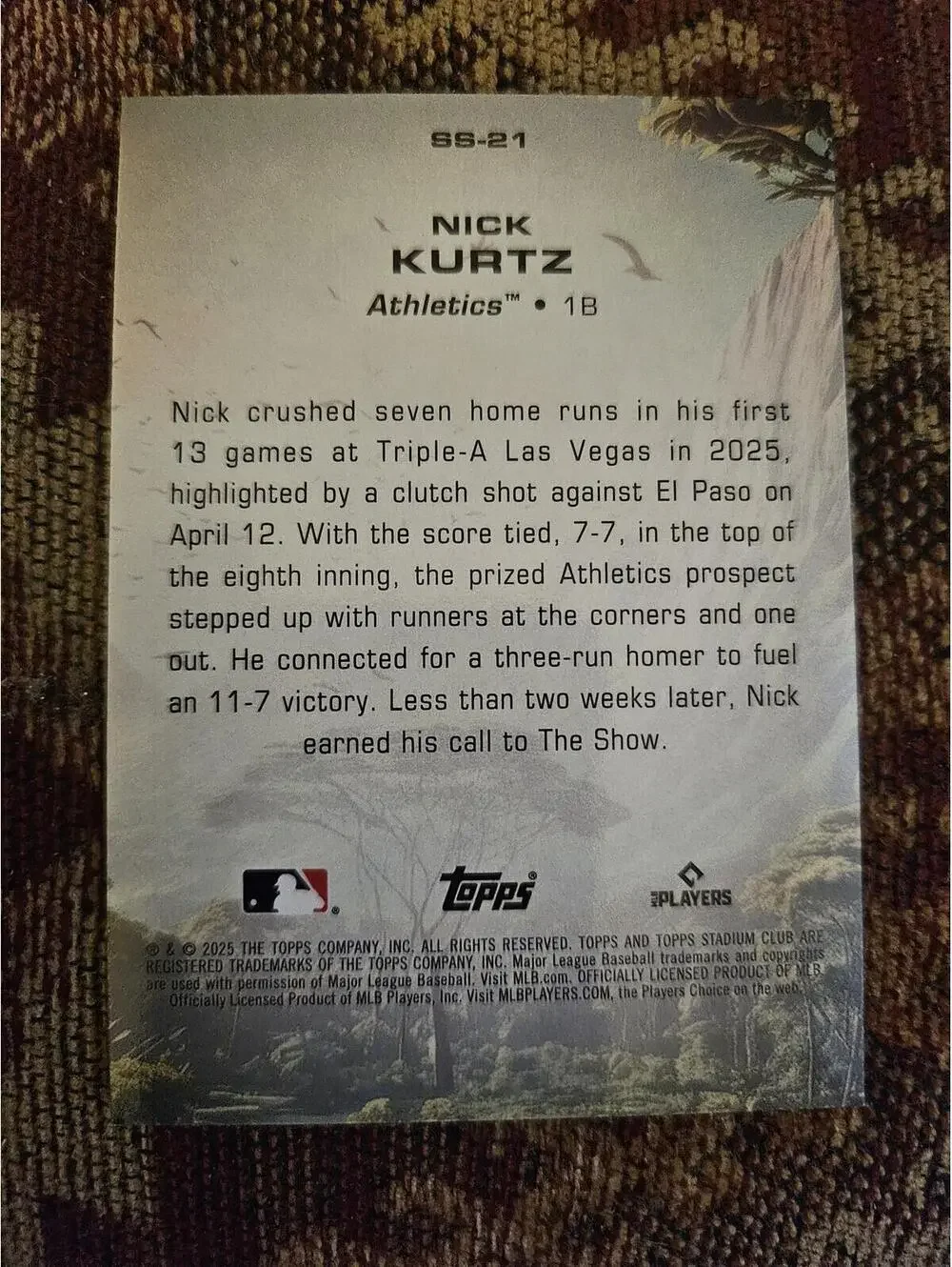 Nick Kurtz - 2025 Topps Stadium Club Savage Sluggers SS-21 ROOKIE Athletics RC